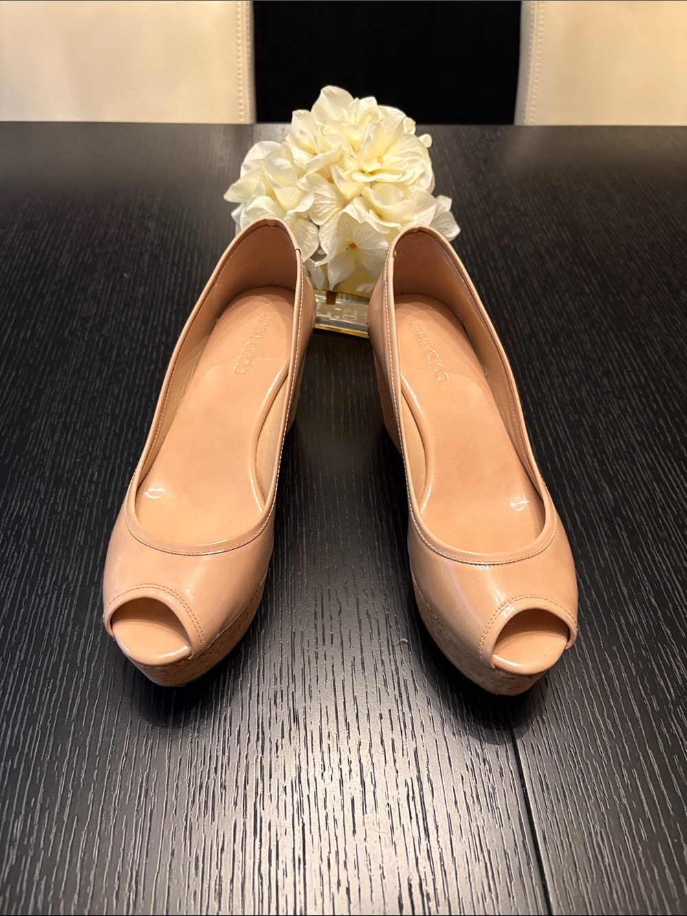 Jimmy Choo Nude Peep-Toe Platform Pumps